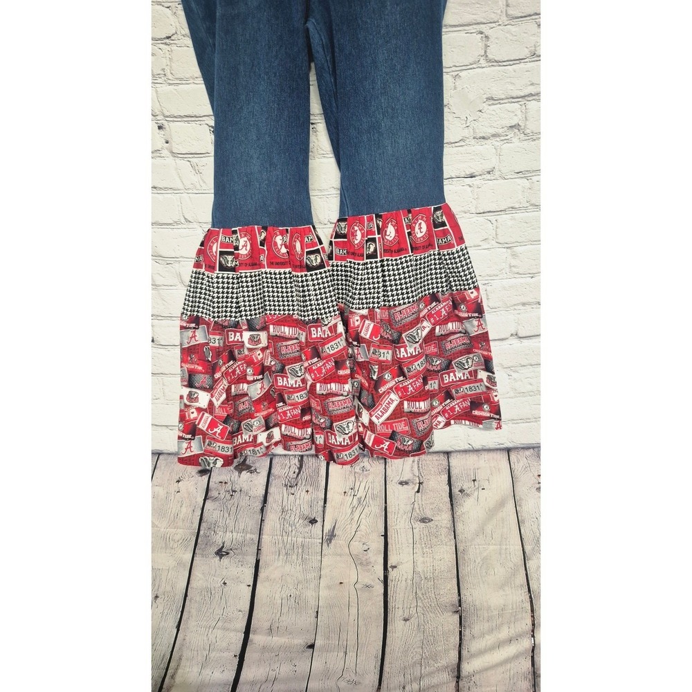 Roll Tide Alabama‎ Crimson Tide Ruffle Hem Denim Jeans Upcycled Fan Pants LG 12 - Picture 5 of 16